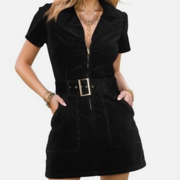 Dresses & Skirts - Women’s Corduroy Zip Up, Black Belted Dress